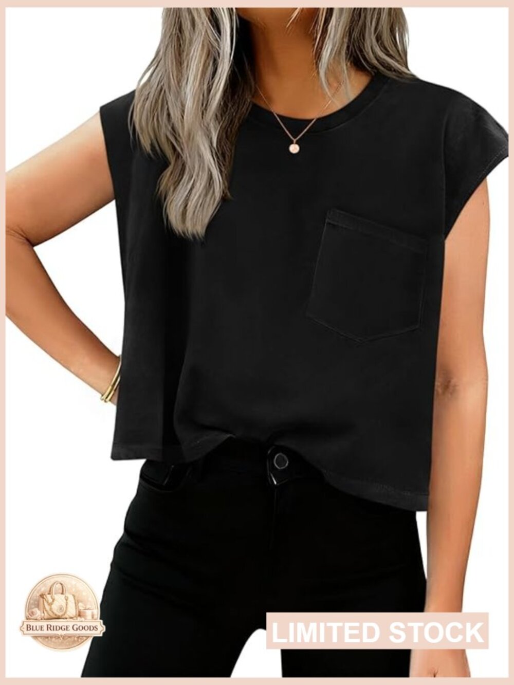 Crop Tank Top Cap Sleeve Loose Fit Casual Basic Crewneck Shirt with Pockets